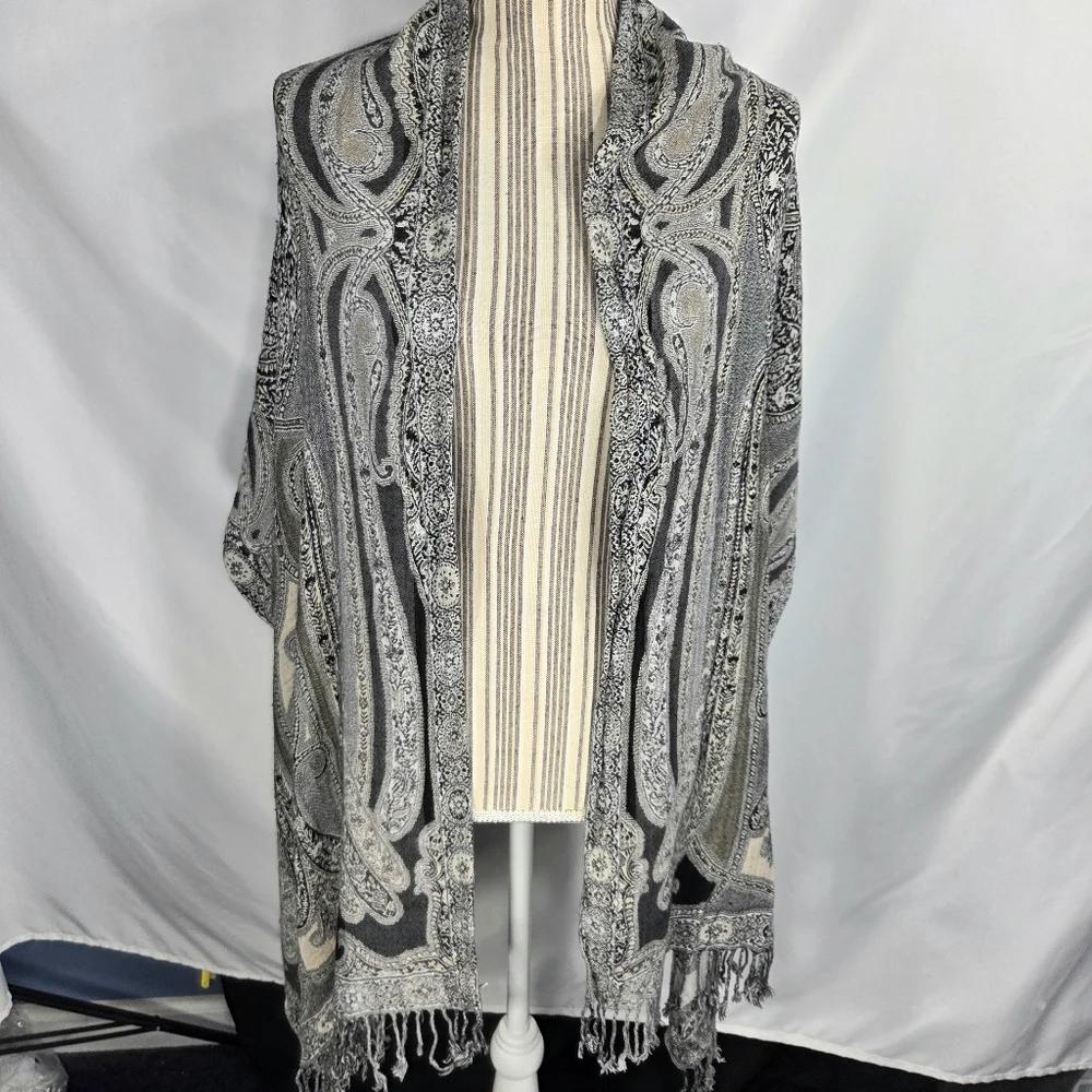 Designer Black & Off-White Shawl Scarf Wrap with Fringed Edges Very Soft